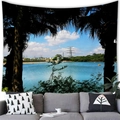 Tropical palm beach landscape tapestry hanging above a grey sofa for home wall decor - 200X150 / Lake and Sky (4)
