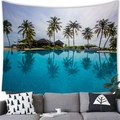 Tropical sunset beach wall tapestry featuring palm trees and pool above a grey sofa - 200X150 / Island Resort (3)