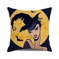 Halloween decorative pillow case with cartoon witch and full moon design on canvas - Pointed Hat Witch Full Moon (36)