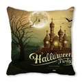 Detail of Halloween pillow case with vintage castle, moon and bats on peach skin fabric - Retro Withered Tree Castle (3)