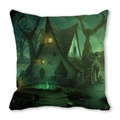 Close-up of a watercolor fantasy castle on a soft peach skin throw pillow cover - 18x18 Inch / Dark Forest Crooked House (6)