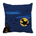 Close-up of Halloween peach skin pillow cover with watercolor castle and flying witch - 18x18 Inch / Witch Flying Over Moon Style (8)