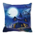 Detail of square Halloween cushion cover with watercolor gothic castle and black cat print - 18x18 Inch / Late Night Castle Black Cat Style (9)