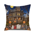 Halloween throw pillow cover with haunted house and pumpkin on navy blue fabric - Dark Blue Beware Haunted House Style (27)