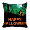 Halloween decorative pillow featuring a spooky castle and Happy Halloween text - Black Green Horror Castle Scarecrow Style (22)