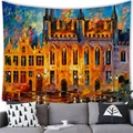 Detail of Impressionist street scene tapestry hanging over a grey sofa in a modern room - 150x100cm / European Street Scene (Peach Skin)(2)