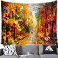 Watercolor autumn forest oil painting wall tapestry above a modern gray sofa - 150x100cm / Colorful Autumn Forest (Peach Skin)(4)