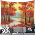 Detailed close-up of a nature landscape tapestry showing vivid autumn forest oil painting - 3 / 100x70(Peach Skin)