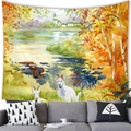 Detail of watercolor nature landscape tapestry featuring a lake and white goats on a wall - 8 / 100x70(Peach Skin)