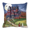 Halloween Kissenhülle mit Geisterschloss, Vollmond und Hexe auf Pfirsichhaut-Gewebe - Roter Backstein-Schloss Mond Hexe Kürbis (30)