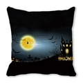 Halloween pillow cover featuring a watercolor haunted castle and pumpkins on black fabric - 18x18 Inch / Black Halloween Castle Style (11)