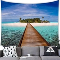 Tropical beach tapestry with wooden pier and blue sea over a grey sofa for home decor - Boardwalk Seaview (10)