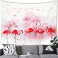 Detail of flamingo tapestry with tropical leaves hanging above a gray sofa in a living room - Pink Forest Five Flamingos (1) / 150x100(Peach Skin)