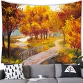 Artistic oil painting tapestry featuring autumn forest landscape and stream above a grey sofa - 12 / 100x70(Peach Skin)