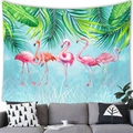 Detail of tropical tapestry with pink flamingos and palm leaves over a grey sofa - Sky Blue Background Pose Flamingos (5)