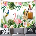 Detail of tropical tapestry with flamingo, parrot, and monstera leaves on white wall - Vacation Style Flamingo Parrot (6) / 150x100(Peach Skin)
