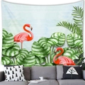 Tropical monstera leaf and flamingo tapestry hanging above a modern living room sofa - Light Blue Brick Wall Double Flamingos (9)