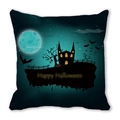 Halloween throw pillow cover with haunted castle and full moon design on white background - 18x18 Inch / Happy Halloween Blue Castle (12)