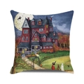 Halloween throw pillow cover featuring a red haunted house illustration and pumpkins - Red Multi-story Haunted House Style (30)