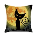 Square Halloween cushion cover featuring black cat and full moon on linen texture - Full Moon Green Mist (25)
