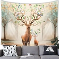 Dettaglio di un arazzo artistico con cervo appeso sopra un divano in un soggiorno - 100cmx70cm / Alce con Palchi Floreali (3)