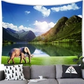 African elephant scenery wall tapestry with vibrant mountains over gray sofa - 100X70 / Lake Mountains Elephant (Style 12)