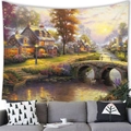 Detail of a cozy countryside landscape wall tapestry hanging over a living room sofa - 150x100(Peach Skin) / Village Stone Cottage Sunset (2)