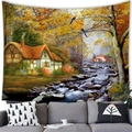 Detail of oil painting style forest tapestry featuring a cabin and colorful parrots - 150x100(Peach Skin) / Autumn Forest Cottage Stream (4)