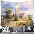 Detail of oil painting style landscape tapestry featuring a coastal lighthouse and house - 150x100(Peach Skin) / Seaside Lighthouse Flag Landscape (6)