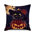 Halloween pillow cover featuring a cartoon black cat, wizard hat, and pumpkins - Dark Purple Pumpkin Cat (27)
