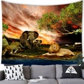 African savanna elephant and lion wildlife wall tapestry hanging above a grey sofa - 100X70 / Wildlife Digital Painting (Style 15)