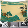 Chinese landscape tapestry with mountains and lake scenery over a gray sofa - Green Landscape Fisherman (11)