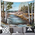 Landscape tapestry featuring birch trees, river, and snow over a grey fabric sofa - 15 / 100x70(Peach Skin)