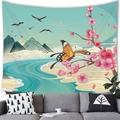 Chinese landscape tapestry with green mountains and pink blossoms over a grey sofa - Landscape Birds Plum (12)
