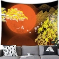 Arazzo giapponese con luna rossa e pini dorati appeso sopra un divano in tessuto grigio - 100x70(Pelle di Pesca) / Luna Piena Zen Giapponese (22)