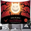 Detailed view of Halloween tapestry with pumpkin silhouettes above a cozy sofa setup - Red Orange Silhouette (6) / 150x100(Peach Skin)