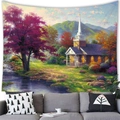 Oil painting style wall tapestry featuring a purple blooming tree, church, and stream - 100x70(Peach Skin) / Spire Church Blossom Tree Stream (11)