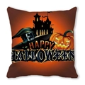 Square Halloween pillow featuring a dark castle, pumpkin, and cat on a deep red background - Deep Red Orange Yellow Castle Pumpkin Black Cat Style (30)