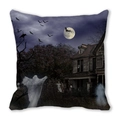 Halloween pillow cover with watercolor haunted house, ghost, and bats on peach skin fabric - 18x18 Inch / Translucent Ghost Haunted House (17)