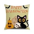 Square Halloween pillow cover with cartoon black cat and pumpkin on beige linen fabric - Beige Festive Script (31)