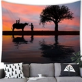 African savanna sunset tapestry featuring silhouettes of a boy and buffalo on water - 100X70 / Sunset Reflection Buffalo (Style 18)