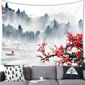 Ink landscape tapestry with red plum blossoms hung above a grey fabric sofa - Rainy Landscape Boat (15)