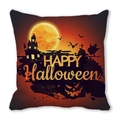 Halloween decorative pillow case with haunted castle and pumpkin lantern cartoon design - Orange Black Haunted House Full Moon Bat Style (31)