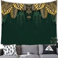 Dark green tropical tapestry with gold palm leaf and monstera patterns for wall decor - Dark Green Gold Leaf Luxury Style (15)