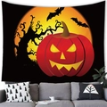 Halloween Wandteppich mit rotem Kürbis und Fledermaussilhouetten vor einem Vollmond - Kürbis Fledermaus Unter Mond (15)