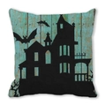 Halloween pillowcase featuring a black gothic castle and bats on teal wood texture - 18x18 Inch / Cyan Wood Grain Castle Bat (19)