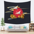 Arazzo in stile giapponese con gru, luna rossa e foglie di ginkgo dorate su nero - 100x70(Pelle di Pesca) / Sfondo Nero Luna Rossa Gru Bianca (15)