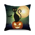 Halloween pillow cover with black cat sitting on a glowing pumpkin under the moon - Dark Green Forest Cat (33)