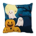 Halloween Kissenbezug mit süßem Cartoon-Geist und Kürbis-Laternen-Muster-Dekor - Dunkelblauer Hintergrund Geist Kürbislaterne Fledermaus (40)