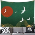 Arazzo giapponese con gru bianche e sole rosso su tessuto decorativo verde scuro - 100x70(Pelle di Pesca) / Gru Verde Scuro Sole Rosso (13)